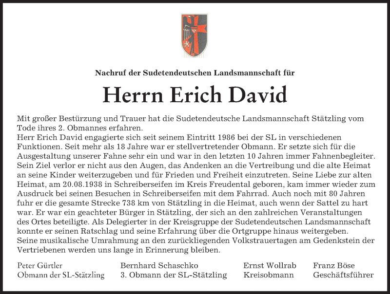 Traueranzeige von Erich David von Friedberger Allgemeine