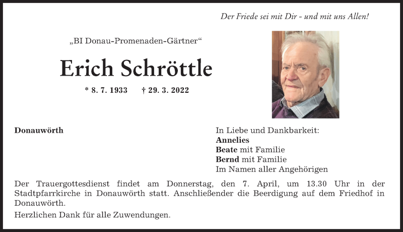 Traueranzeige von Erich Schröttle von Donauwörther Zeitung