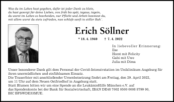 Traueranzeigen von Erich Söllner | Augsburger Allgemeine Zeitung