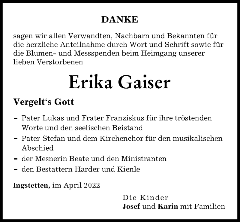 Traueranzeige von Erika Gaiser von Illertisser Zeitung, Neu-Ulmer Zeitung