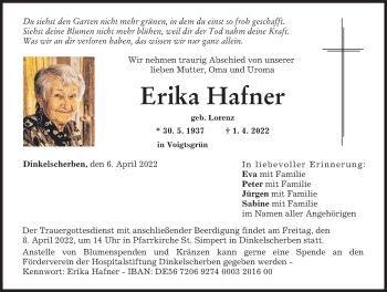 Traueranzeigen von Erika Hafner | Augsburger Allgemeine Zeitung