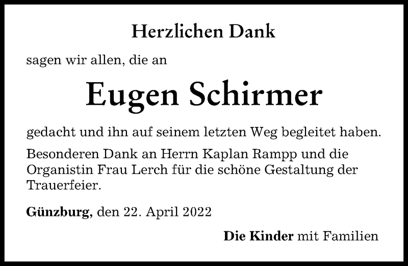 Traueranzeige von Eugen Schirmer von Günzburger Zeitung