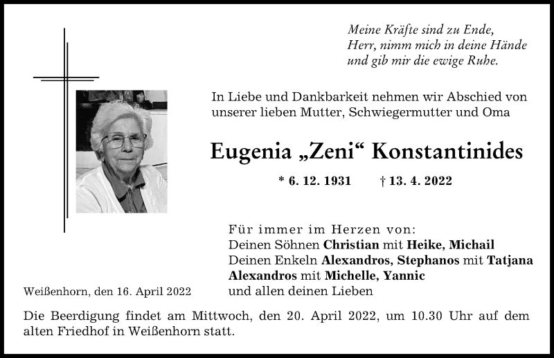 Traueranzeige von Eugenia Konstantinides von Neu-Ulmer Zeitung