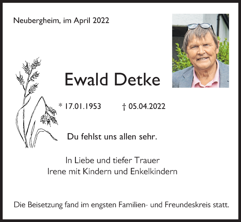  Traueranzeige für Ewald Detke vom 30.04.2022 aus Augsburger Allgemeine