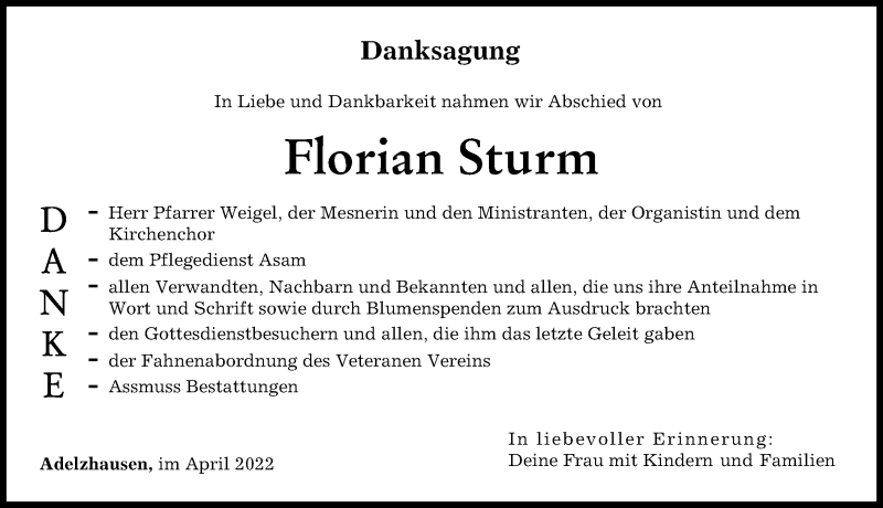 Traueranzeige von Florian Sturm von Aichacher Nachrichten