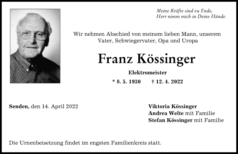 Traueranzeige von Franz Kössinger von Neu-Ulmer Zeitung