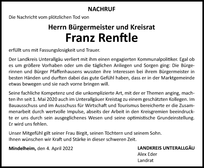  Traueranzeige für Franz Renftle vom 04.04.2022 aus Augsburger Allgemeine, Mindelheimer Zeitung
