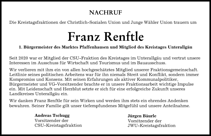  Traueranzeige für Franz Renftle vom 02.04.2022 aus Augsburger Allgemeine, Mindelheimer Zeitung