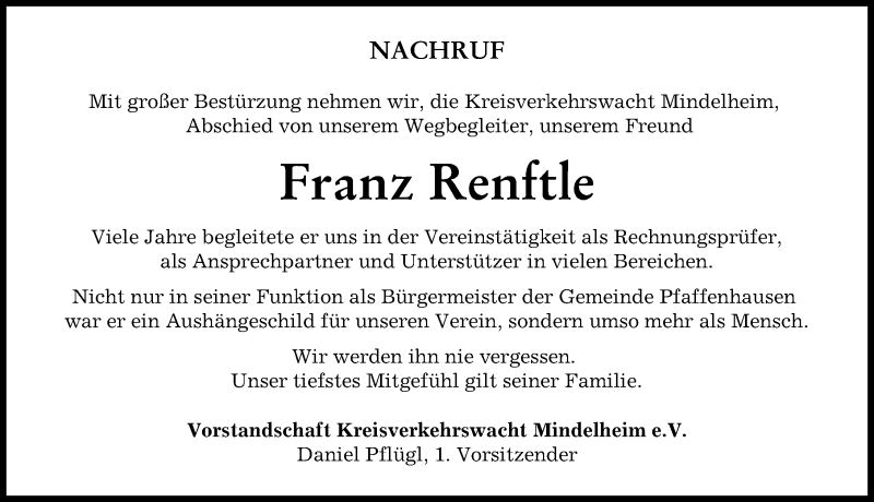  Traueranzeige für Franz Renftle vom 04.04.2022 aus Mindelheimer Zeitung