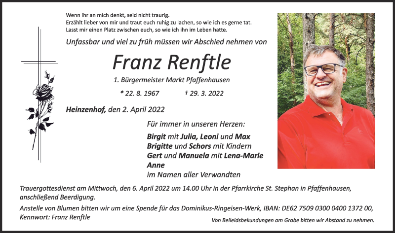  Traueranzeige für Franz Renftle vom 02.04.2022 aus Mindelheimer Zeitung