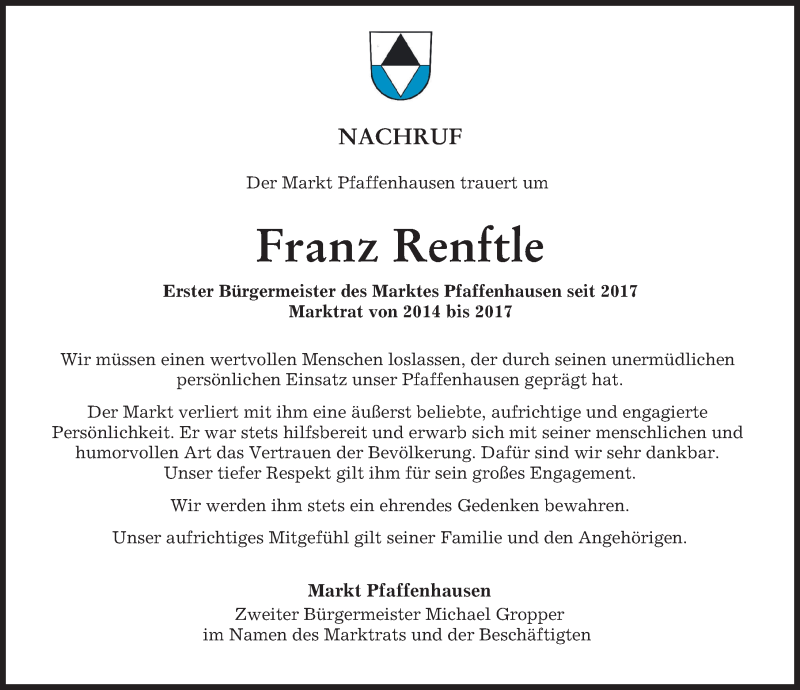  Traueranzeige für Franz Renftle vom 04.04.2022 aus Mindelheimer Zeitung