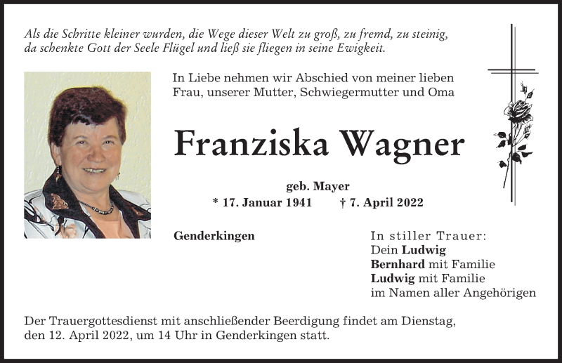 Traueranzeige von Franziska Wagner von Donauwörther Zeitung