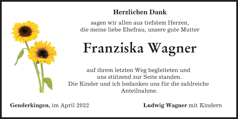 Traueranzeige von Franziska Wagner von Donauwörther Zeitung