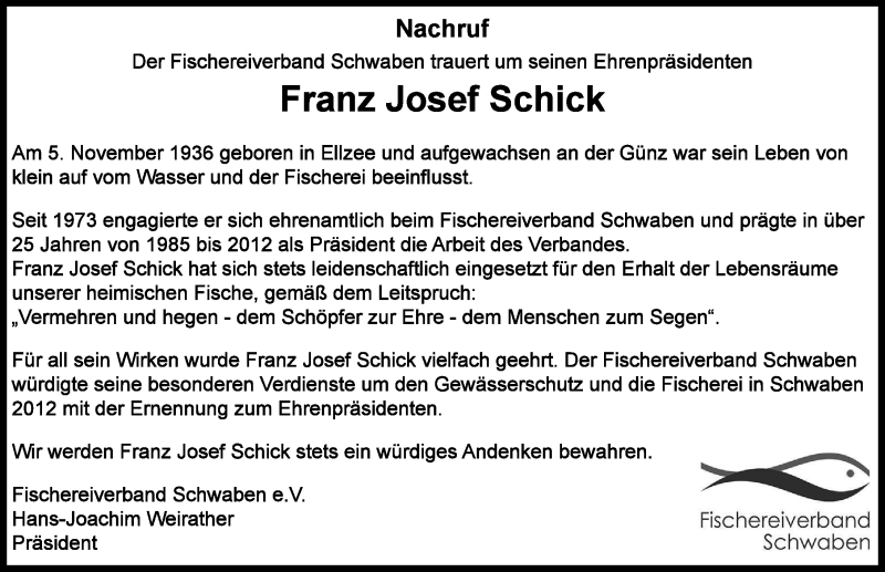  Traueranzeige für Franz Josef Schick vom 22.04.2022 aus Augsburger Allgemeine