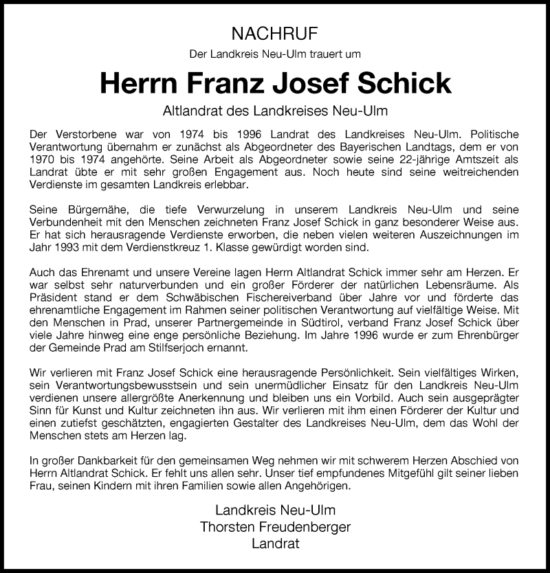  Traueranzeige für Franz Josef Schick vom 22.04.2022 aus Neu-Ulmer Zeitung, Illertisser Zeitung