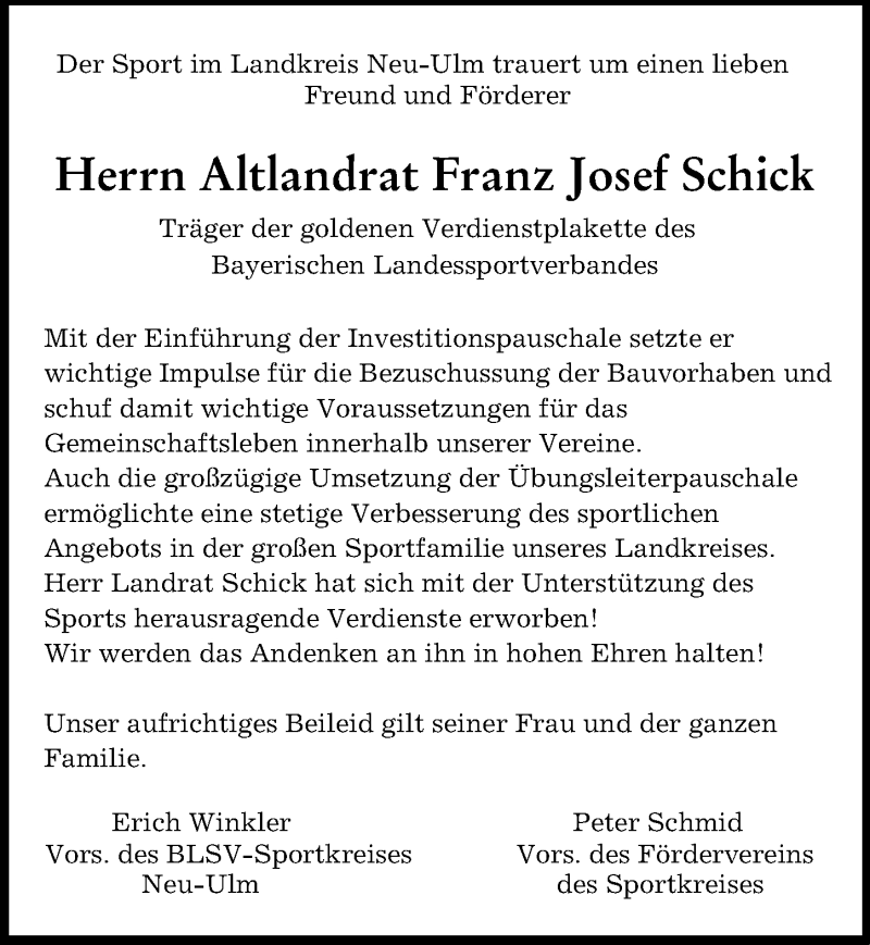  Traueranzeige für Franz Josef Schick vom 26.04.2022 aus Illertisser Zeitung, Neu-Ulmer Zeitung