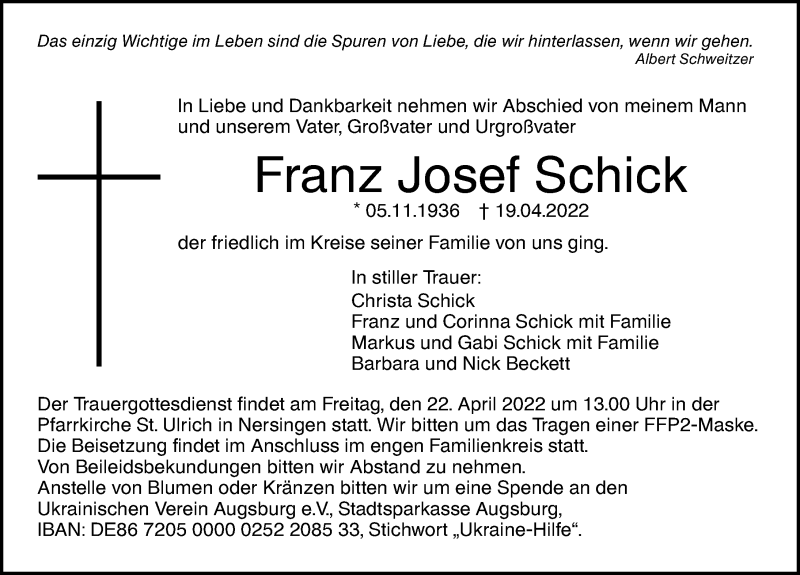  Traueranzeige für Franz Josef Schick vom 21.04.2022 aus Augsburger Allgemeine, Neu-Ulmer Zeitung