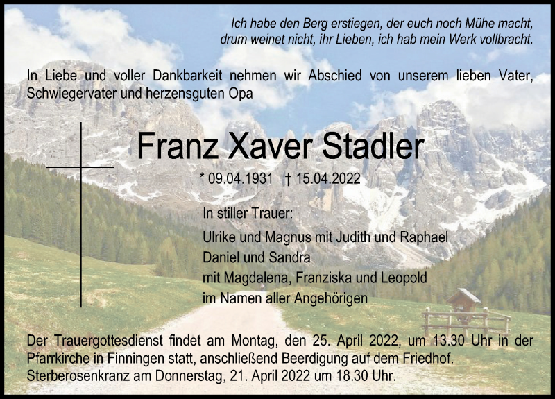 Traueranzeige von Franz Xaver Stadler von Neu-Ulmer Zeitung