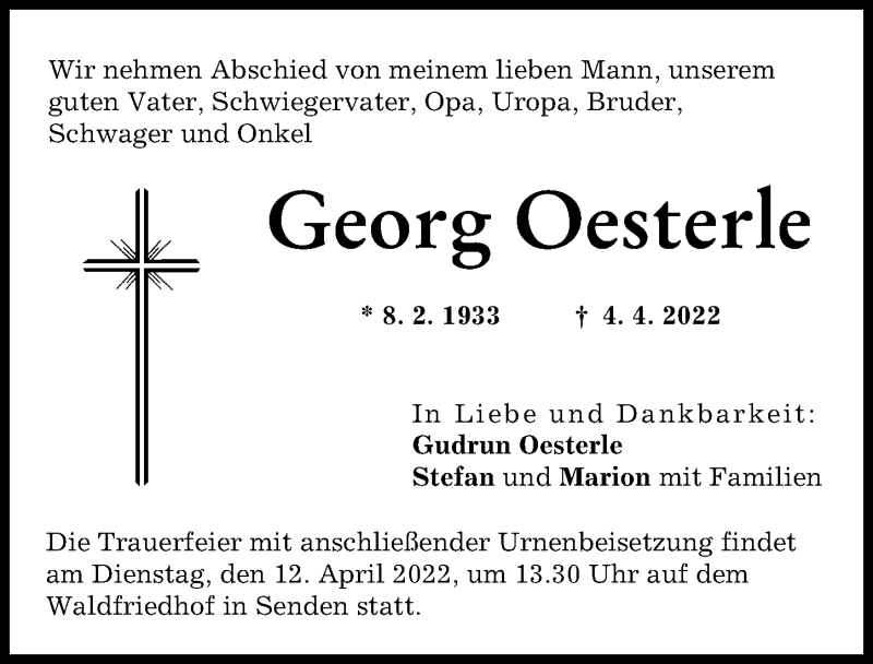 Traueranzeige von Georg Oesterle von Neu-Ulmer Zeitung