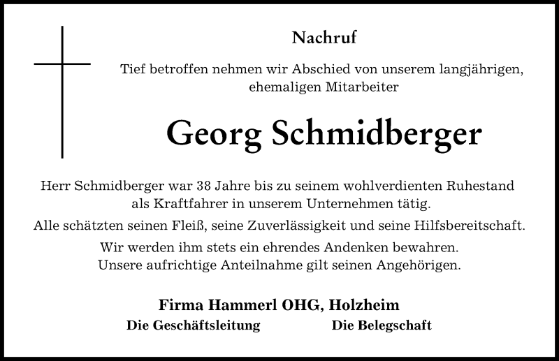  Traueranzeige für Georg Schmidberger vom 06.04.2022 aus Donauwörther Zeitung
