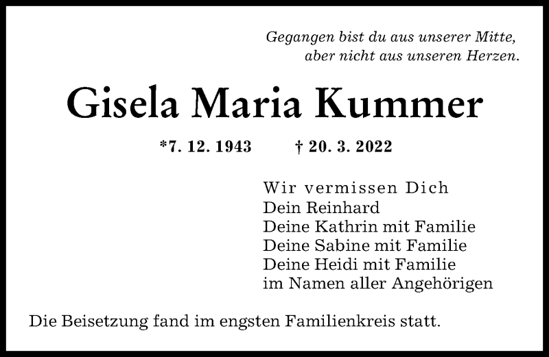 Traueranzeigen Von Gisela Maria Kummer Augsburger Allgemeine Zeitung