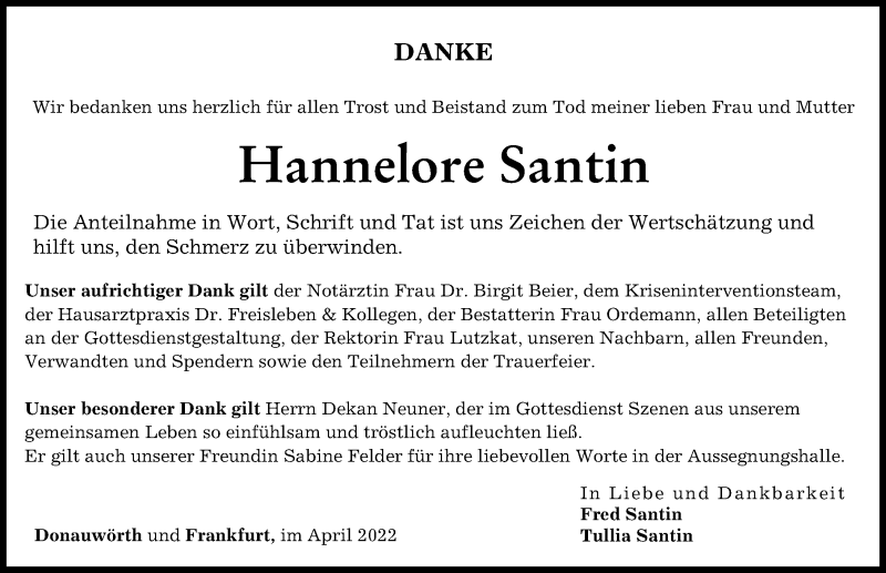 Traueranzeige von Hannelore Santin von Donauwörther Zeitung