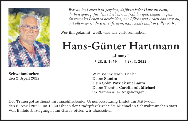 Traueranzeige von Hans-Günter Hartmann von Schwabmünchner Allgemeine