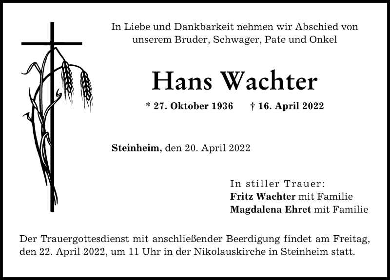 Traueranzeige von Hans Wachter von Neu-Ulmer Zeitung