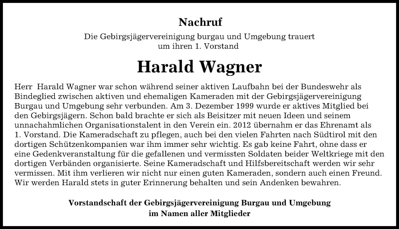 Traueranzeige von Harald Wagner von Günzburger Zeitung