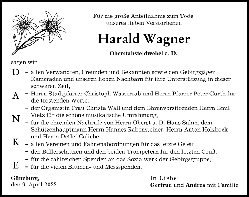 Traueranzeige von Harald Wagner von Günzburger Zeitung