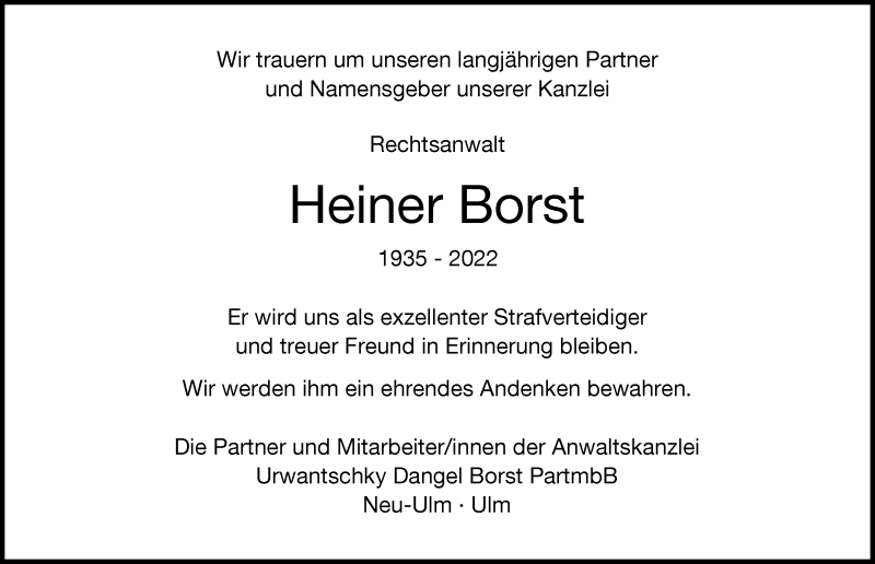  Traueranzeige für Heiner Borst vom 09.04.2022 aus Illertisser Zeitung, Günzburger Zeitung, Neu-Ulmer Zeitung