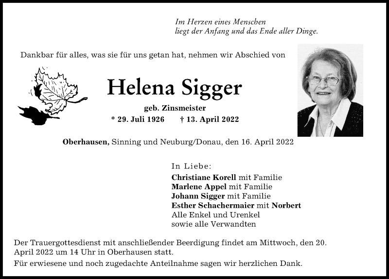 Traueranzeigen von Helena Sigger | Augsburger Allgemeine Zeitung