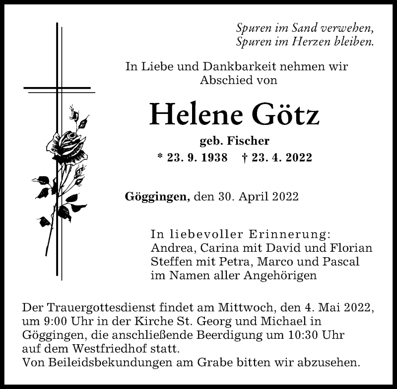 Traueranzeige von Helene Götz von Augsburger Allgemeine