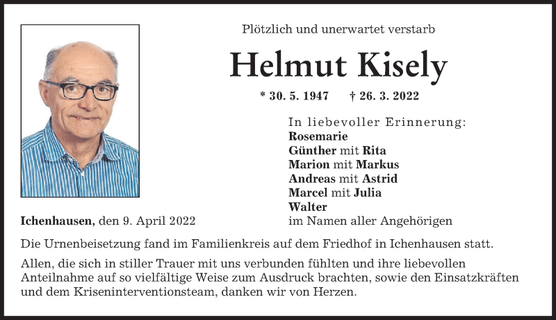 Traueranzeige von Helmut Kisely von Günzburger Zeitung