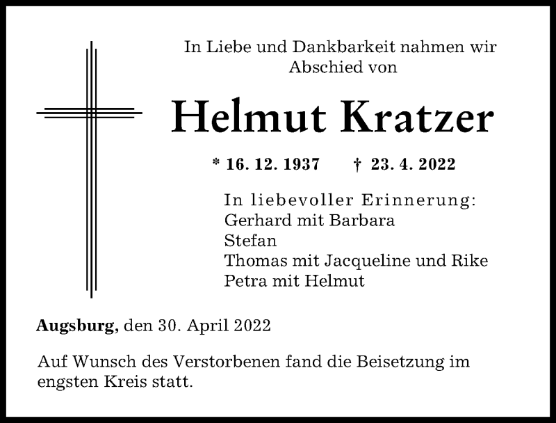 Traueranzeige von Helmut Kratzer von Augsburger Allgemeine