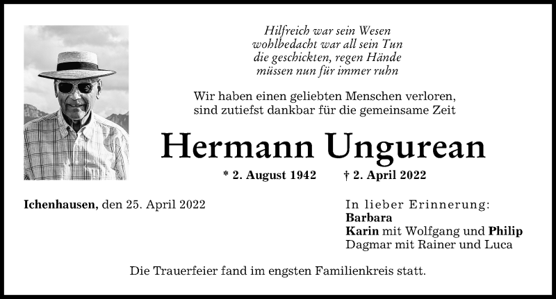 Traueranzeige von Hermann Ungurean von Günzburger Zeitung, Augsburger Allgemeine