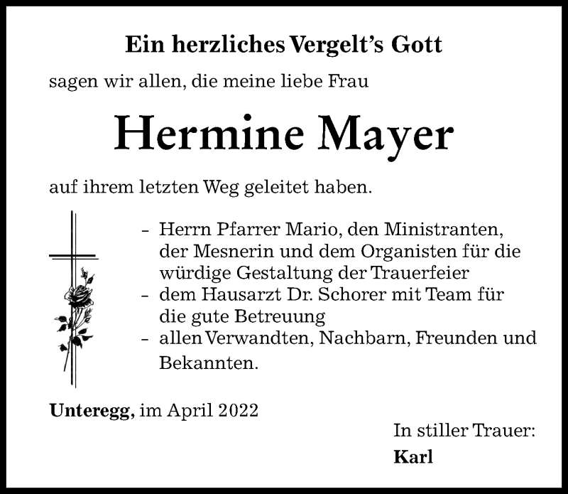 Traueranzeige von Hermine Mayer von Mindelheimer Zeitung