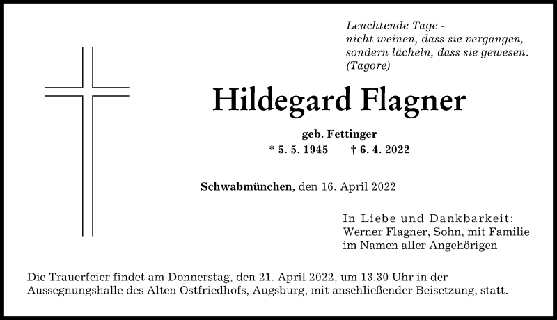 Traueranzeige von Hildegard Flagner von Augsburger Allgemeine