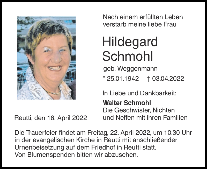 Traueranzeige von Hildegard Schmohl von Augsburger Allgemeine, Neu-Ulmer Zeitung