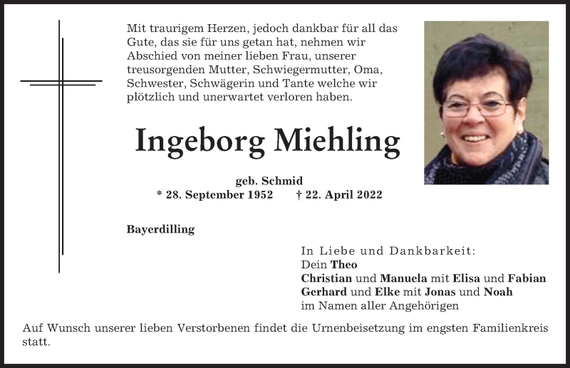 Traueranzeige von Ingeborg Miehling von Donauwörther Zeitung