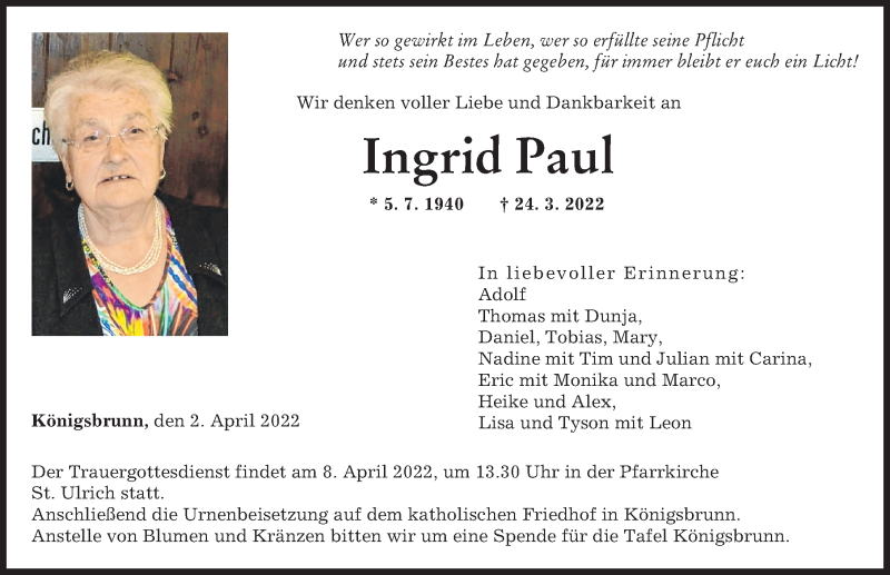  Traueranzeige für Ingrid Paul vom 02.04.2022 aus Augsburger Allgemeine