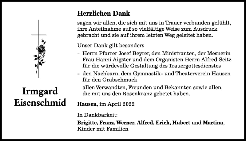  Traueranzeige für Irmgard Eisenschmid vom 09.04.2022 aus Mindelheimer Zeitung
