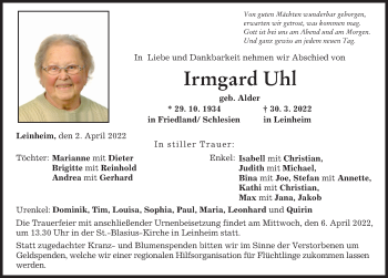 Traueranzeige von Irmgard Uhl von Günzburger Zeitung