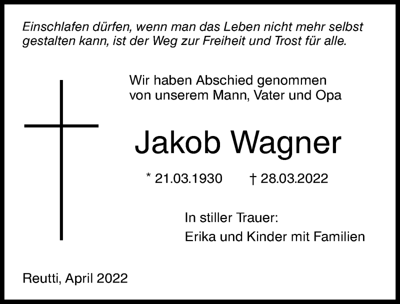 Traueranzeige von Jakob Wagner von Augsburger Allgemeine, Neu-Ulmer Zeitung