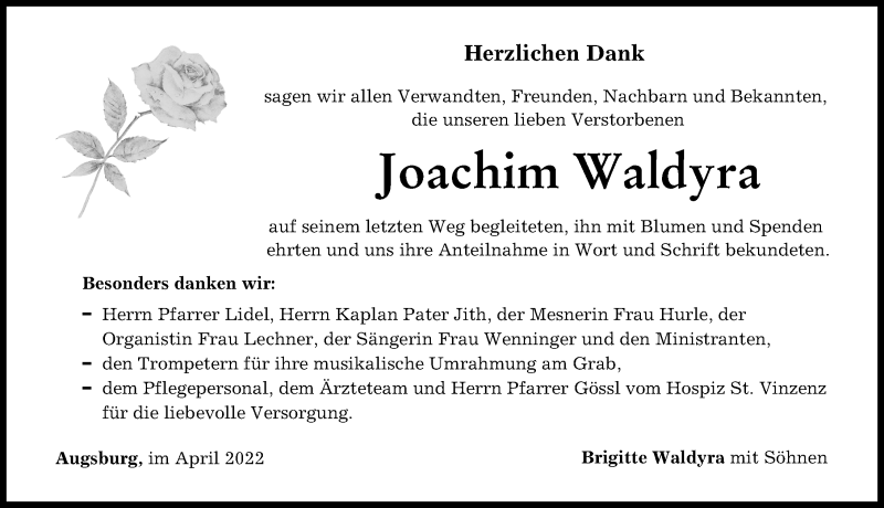 Traueranzeige von Joachim Waldyra von Donauwörther Zeitung, Augsburger Allgemeine