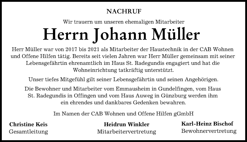 Traueranzeige von Johann Müller von Günzburger Zeitung