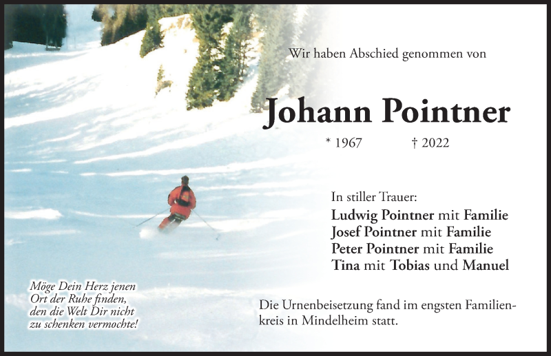  Traueranzeige für Johann Pointner vom 06.04.2022 aus Mindelheimer Zeitung