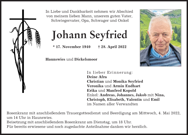 Traueranzeige von Johann Seyfried von Aichacher Nachrichten