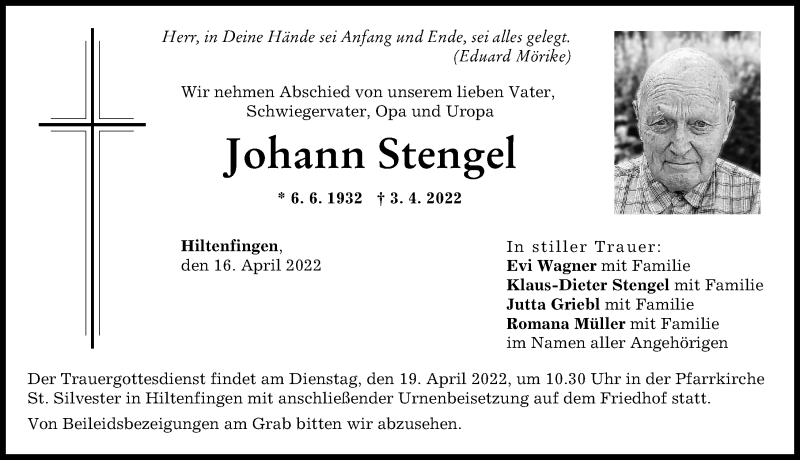 Traueranzeige von Johann Stengel von Schwabmünchner Allgemeine