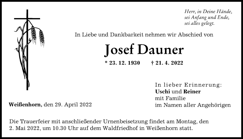 Traueranzeige von Josef Dauner von Augsburger Allgemeine, Neu-Ulmer Zeitung